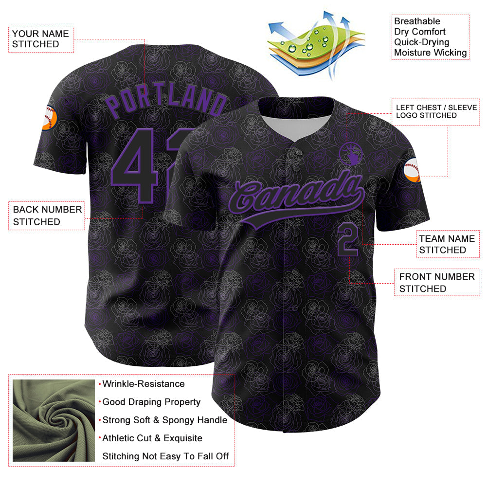 Custom Black Purple 3D Pattern Design Gothic Style Rose Authentic Baseball Jersey - Sky-Custom
