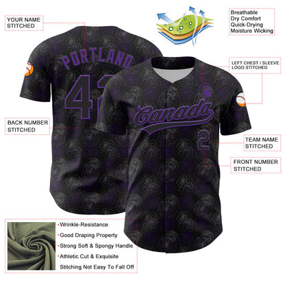 Custom Black Purple 3D Pattern Design Gothic Style Rose Authentic Baseball Jersey - Sky-Custom