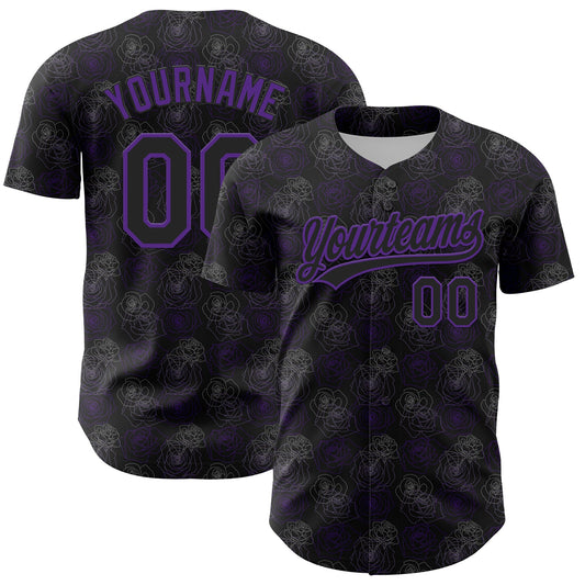 Custom Black Purple 3D Pattern Design Gothic Style Rose Authentic Baseball Jersey - Sky-Custom