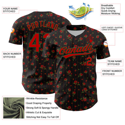 Custom Black Red-Green 3D Pattern Design Gothic Style Rose Authentic Baseball Jersey - Sky-Custom