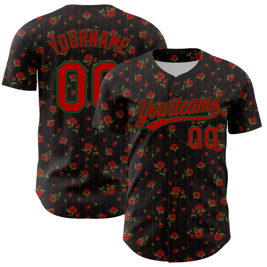 Custom Black Red-Green 3D Pattern Design Gothic Style Rose Authentic Baseball Jersey - Sky-Custom