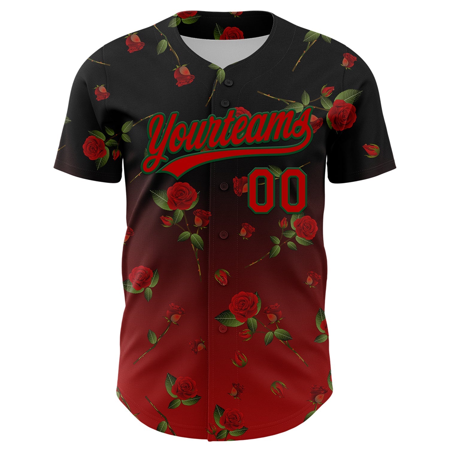 Custom Black Red-Green 3D Pattern Design Gothic Style Rose Authentic Baseball Jersey - Sky-Custom