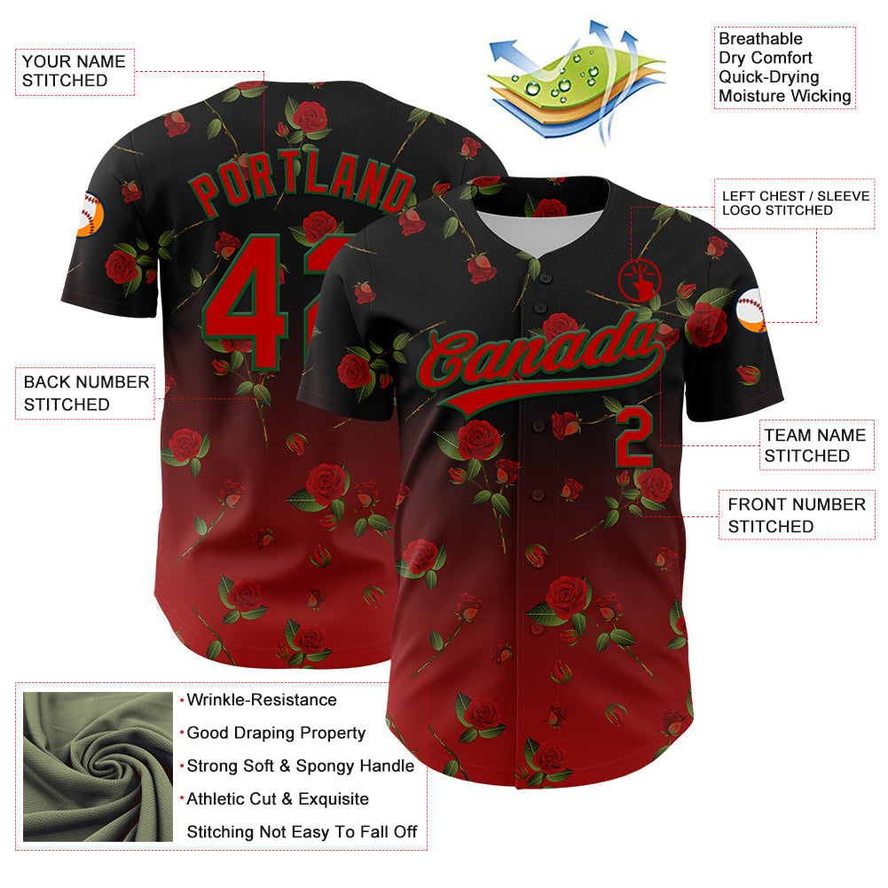 Custom Black Red-Green 3D Pattern Design Gothic Style Rose Authentic Baseball Jersey - Sky-Custom