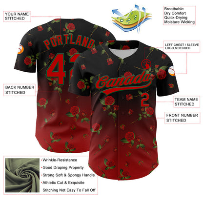 Custom Black Red-Green 3D Pattern Design Gothic Style Rose Authentic Baseball Jersey - Sky-Custom