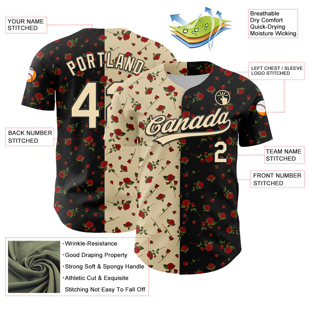 Custom Black Cream 3D Pattern Design Gothic Style Rose Authentic Baseball Jersey - Sky-Custom