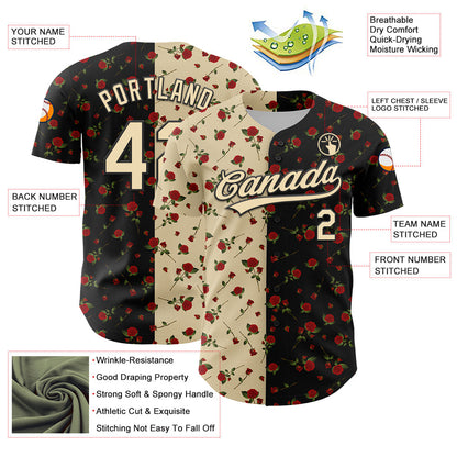 Custom Black Cream 3D Pattern Design Gothic Style Rose Authentic Baseball Jersey - Sky-Custom