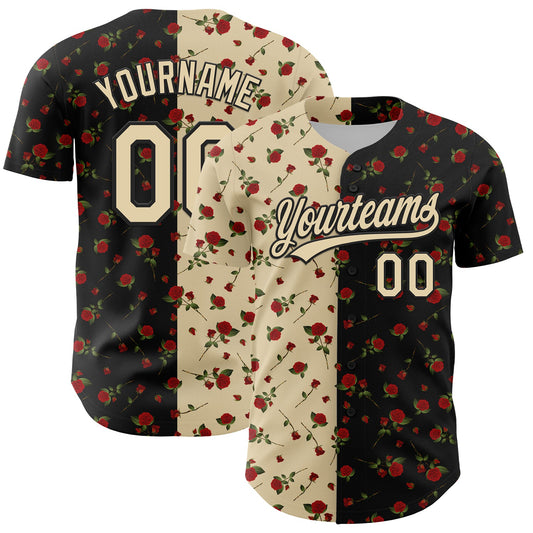 Custom Black Cream 3D Pattern Design Gothic Style Rose Authentic Baseball Jersey - Sky-Custom