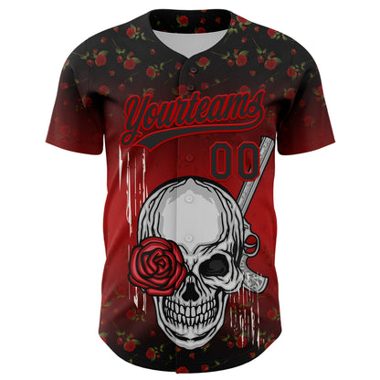 Custom Black Red 3D Pattern Design Gothic Style Skull With Rose And Gun Authentic Baseball Jersey - Sky-Custom
