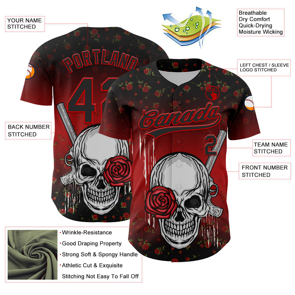 Custom Black Red 3D Pattern Design Gothic Style Skull With Rose And Gun Authentic Baseball Jersey - Sky-Custom