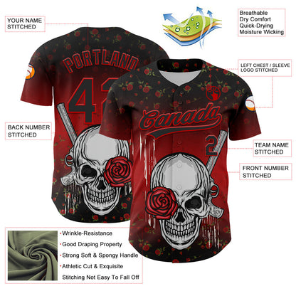 Custom Black Red 3D Pattern Design Gothic Style Skull With Rose And Gun Authentic Baseball Jersey - Sky-Custom