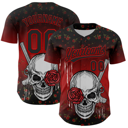 Custom Black Red 3D Pattern Design Gothic Style Skull With Rose And Gun Authentic Baseball Jersey - Sky-Custom