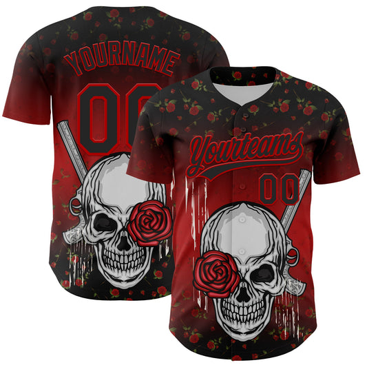 Custom Black Red 3D Pattern Design Gothic Style Skull With Rose And Gun Authentic Baseball Jersey - Sky-Custom