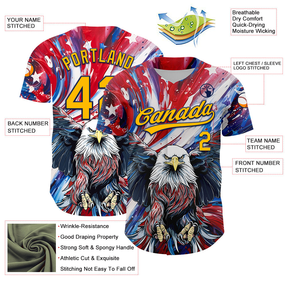 Custom Red Gold-Navy 3D American Flag Eagle And Star Authentic Baseball Jersey - Sky-Custom