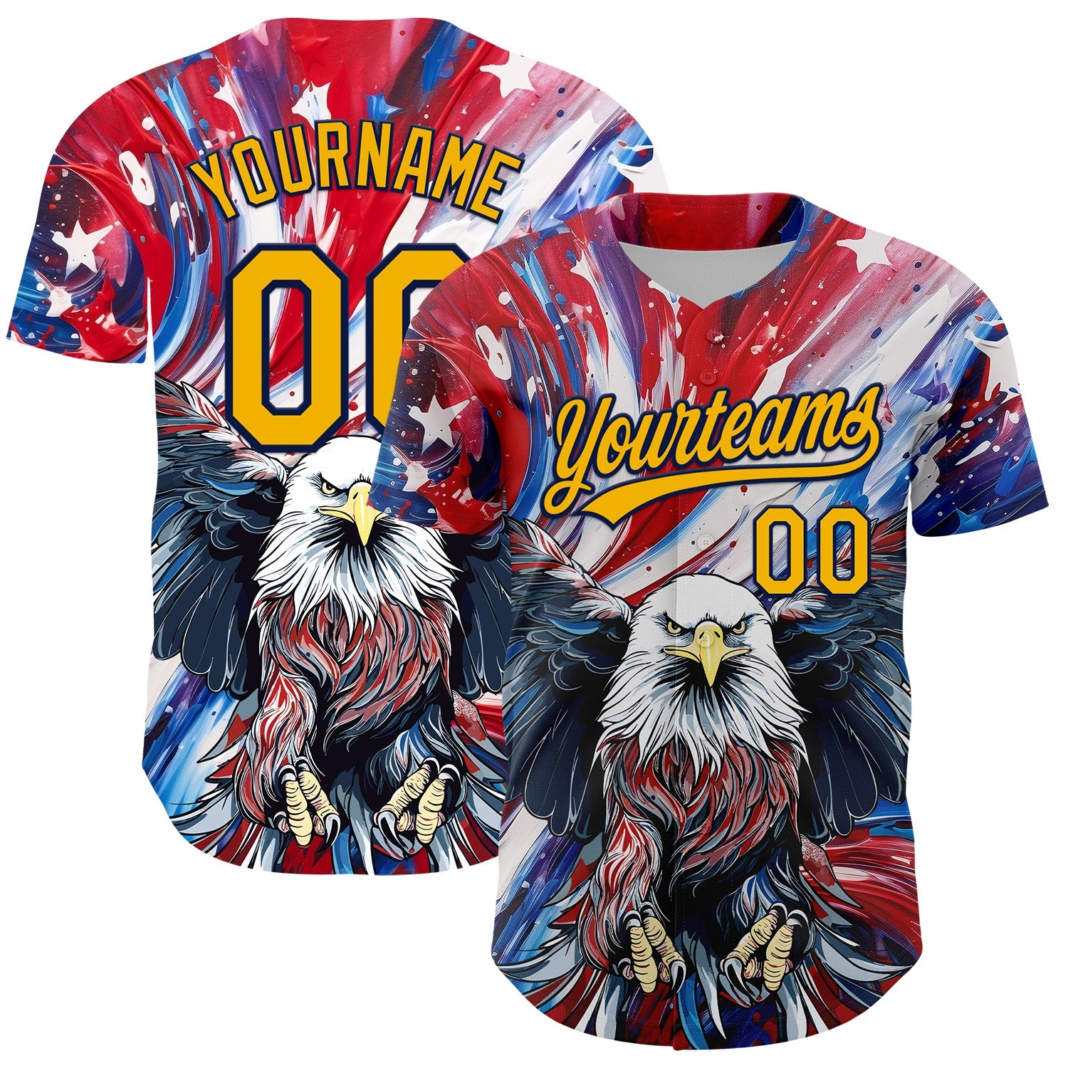 Custom Red Gold-Navy 3D American Flag Eagle And Star Authentic Baseball Jersey - Sky-Custom