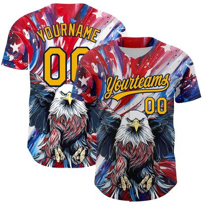 Custom Red Gold-Navy 3D American Flag Eagle And Star Authentic Baseball Jersey - Sky-Custom