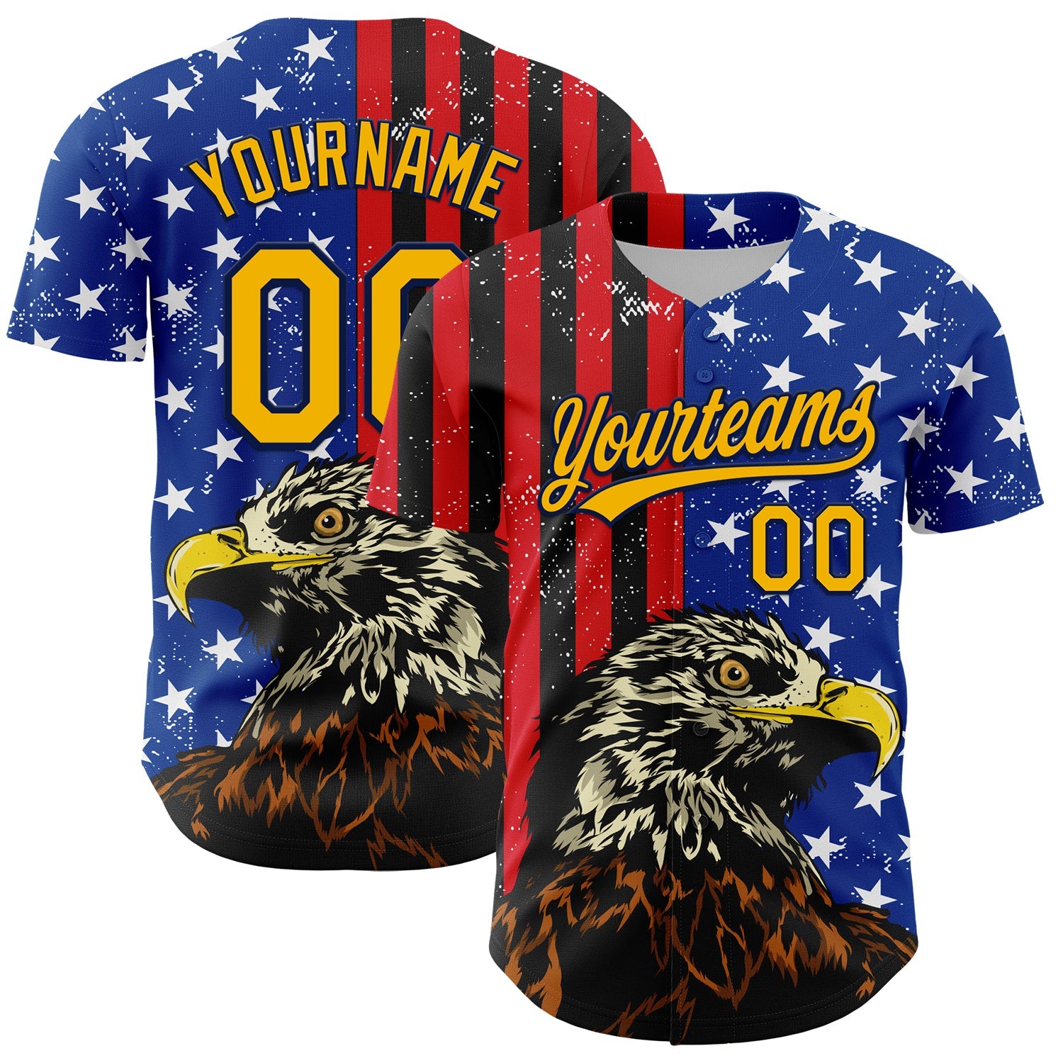 Custom Navy Gold-Red 3D American Flag Eagle And Star Authentic Baseball Jersey - Sky-Custom