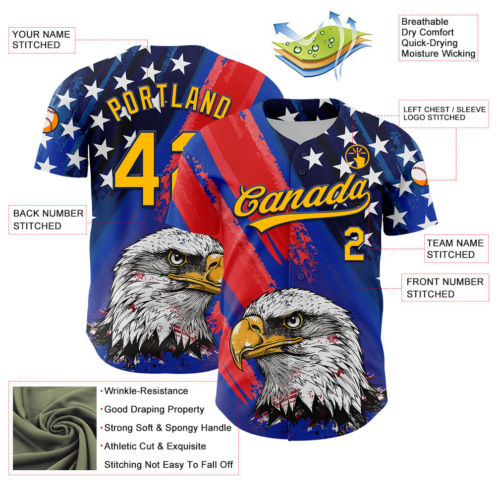 Custom Royal Gold Navy-Red 3D American Flag Eagle And Star Authentic Baseball Jersey - Sky-Custom