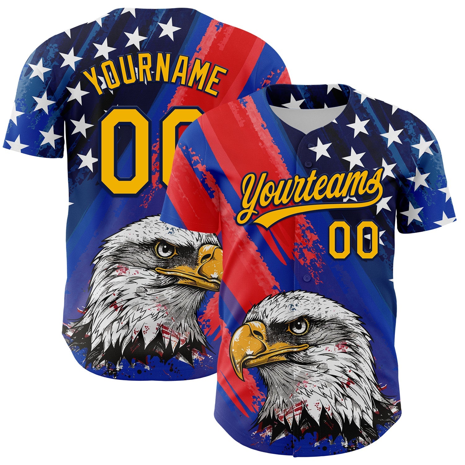 Custom Royal Gold Navy-Red 3D American Flag Eagle And Star Authentic Baseball Jersey - Sky-Custom