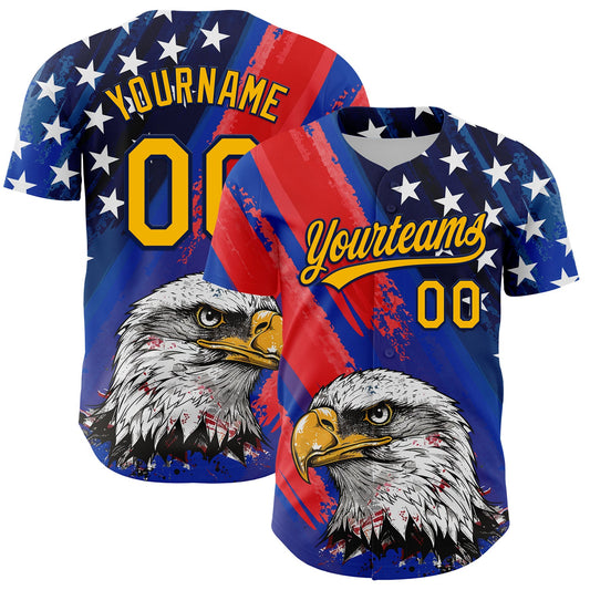 Custom Royal Gold Navy-Red 3D American Flag Eagle And Star Authentic Baseball Jersey - Sky-Custom