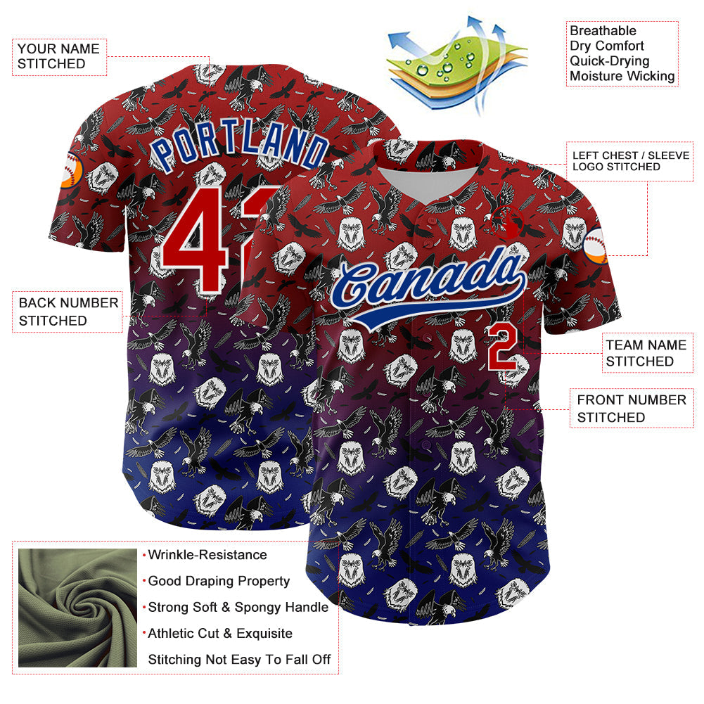 Custom Red Royal-White 3D Pattern Design American Eagle Authentic Baseball Jersey - Sky-Custom