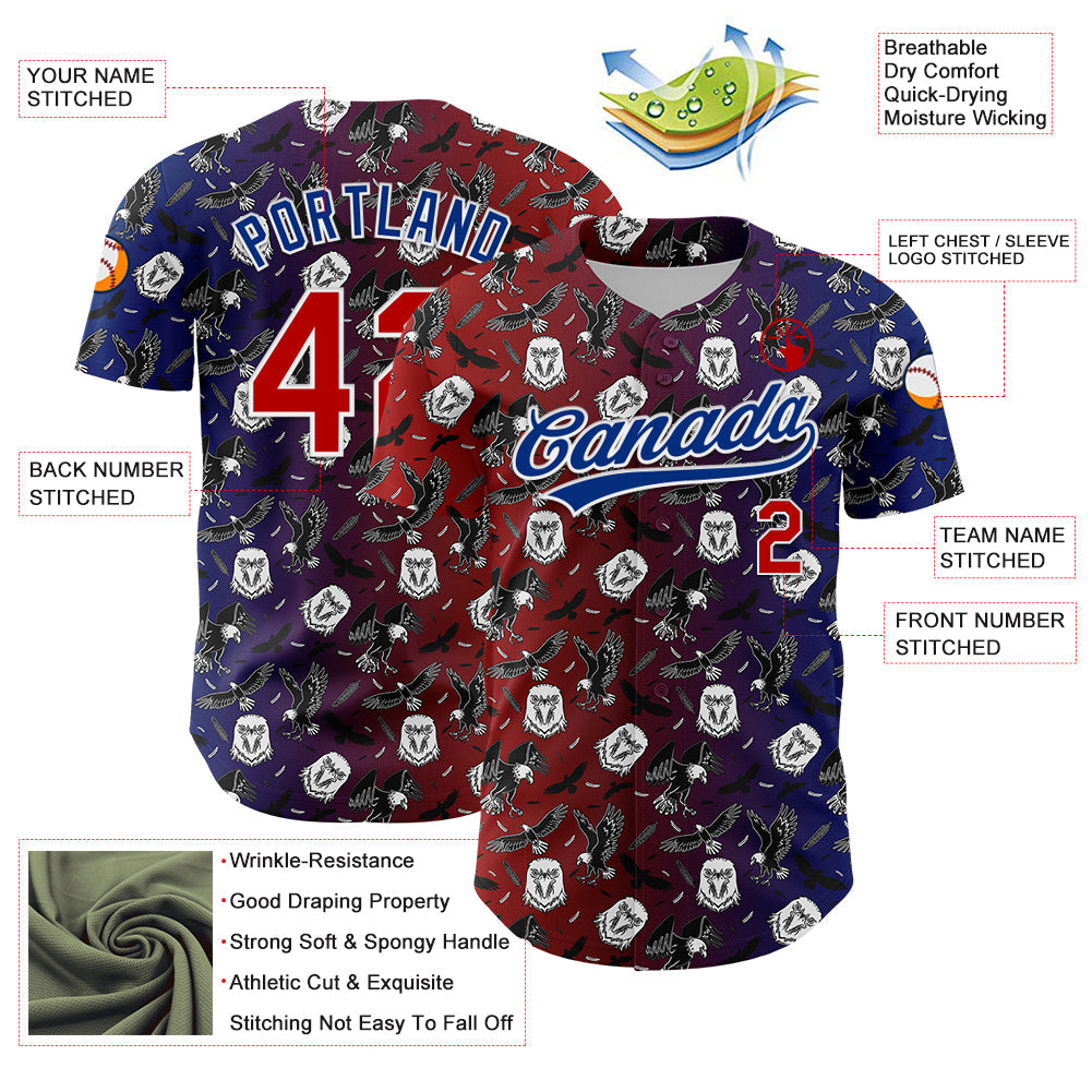 Custom Red Royal-White 3D Pattern Design American Eagle Authentic Baseball Jersey - Sky-Custom