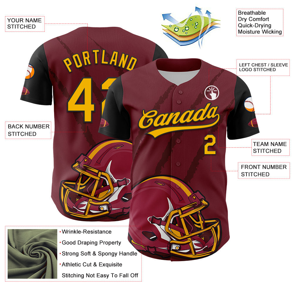 Custom Crimson Gold-Black 3D Pattern Design Football Helmet And Animal Claw Authentic Baseball Jersey - Sky-Custom