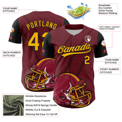 Custom Crimson Gold-Black 3D Pattern Design Football Helmet And Animal Claw Authentic Baseball Jersey - Sky-Custom