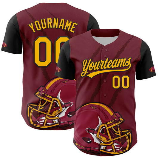 Custom Crimson Gold-Black 3D Pattern Design Football Helmet And Animal Claw Authentic Baseball Jersey - Sky-Custom