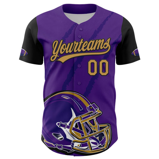 Custom Purple Old Gold-Black 3D Pattern Design Football Helmet And Animal Claw Authentic Baseball Jersey - Sky-Custom