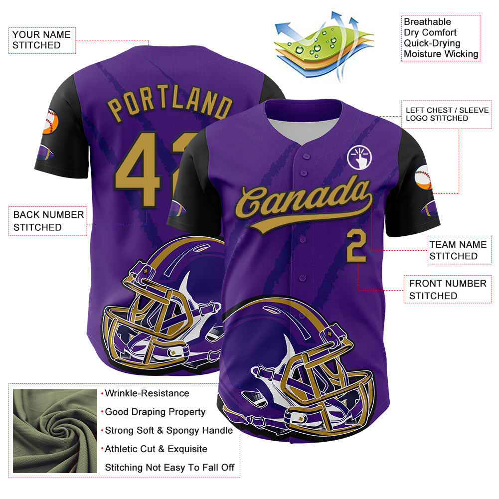 Custom Purple Old Gold-Black 3D Pattern Design Football Helmet And Animal Claw Authentic Baseball Jersey - Sky-Custom