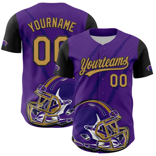Custom Purple Old Gold-Black 3D Pattern Design Football Helmet And Animal Claw Authentic Baseball Jersey - Sky-Custom