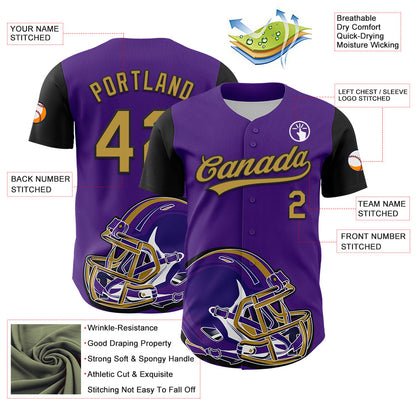 Custom Purple Old Gold-Black 3D Pattern Design Football Helmet Authentic Baseball Jersey - Sky-Custom