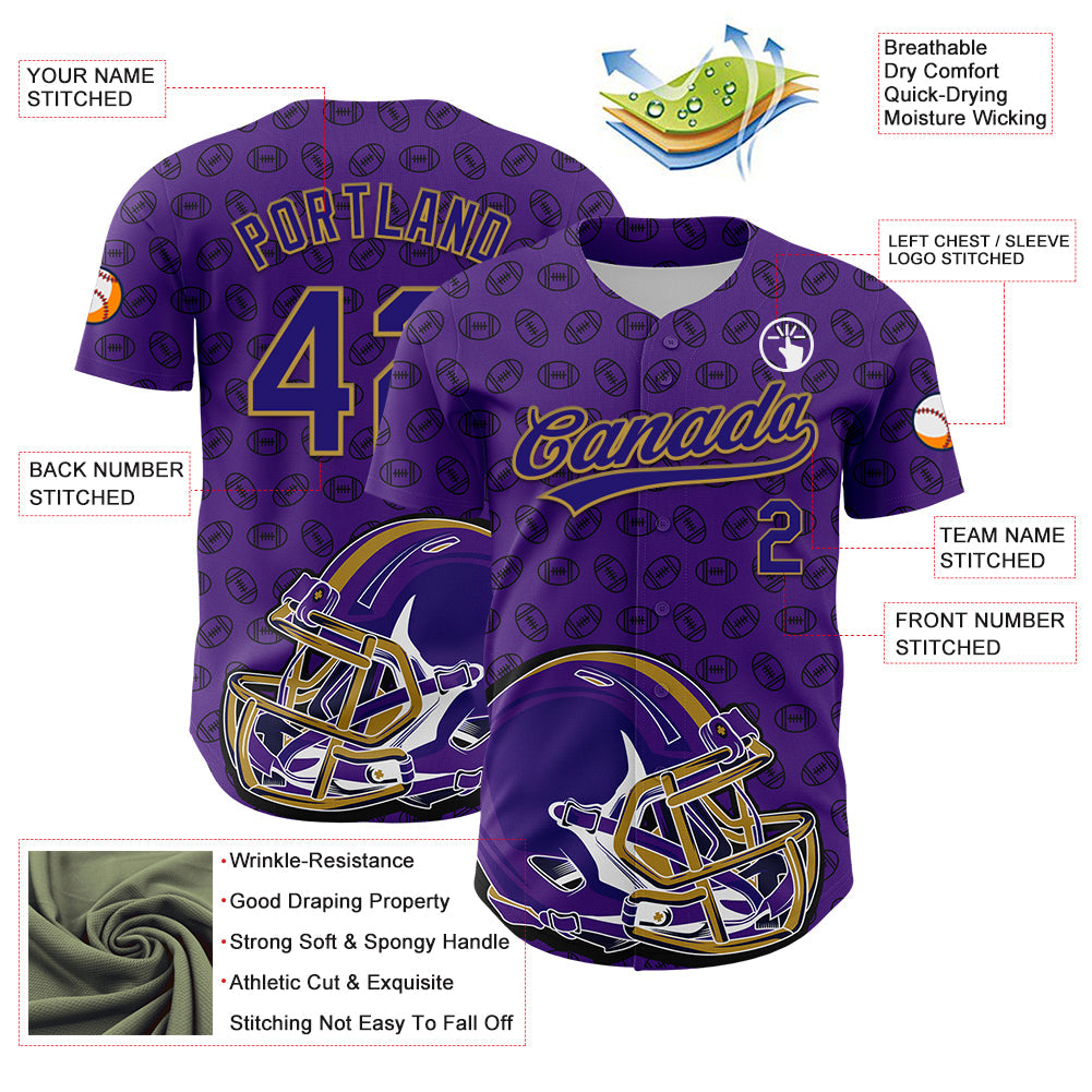Custom Purple Dark Purple-Old Gold 3D Pattern Design Football Helmet And Ball Authentic Baseball Jersey - Sky-Custom