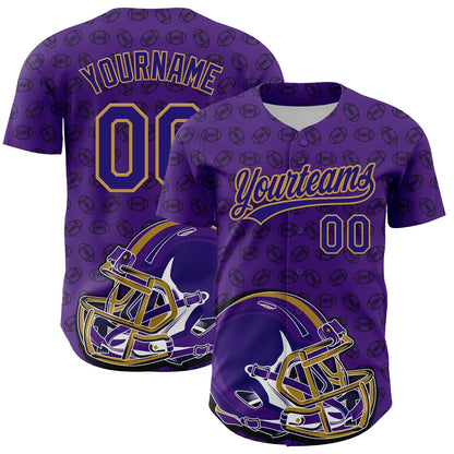 Custom Purple Dark Purple-Old Gold 3D Pattern Design Football Helmet And Ball Authentic Baseball Jersey - Sky-Custom