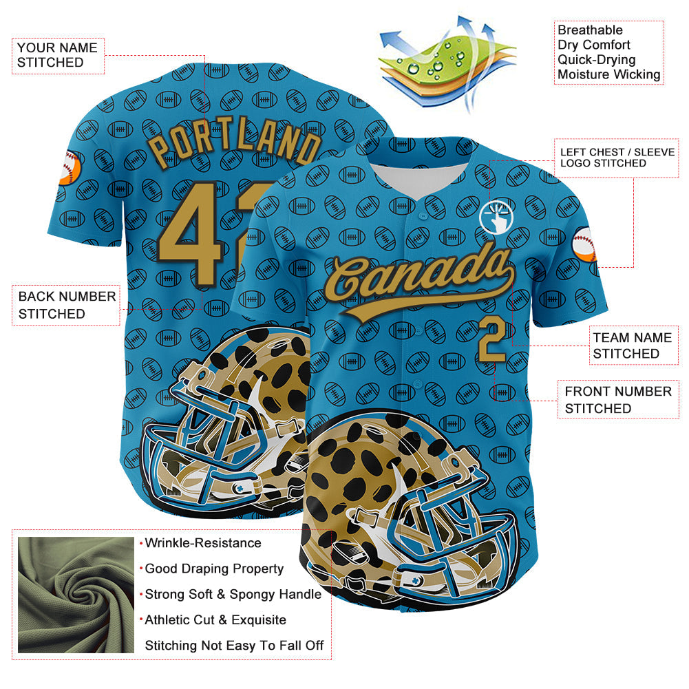 Custom Panther Blue Old Gold-Black 3D Pattern Design Football Jaguar Helmet And Ball Authentic Baseball Jersey - Sky-Custom