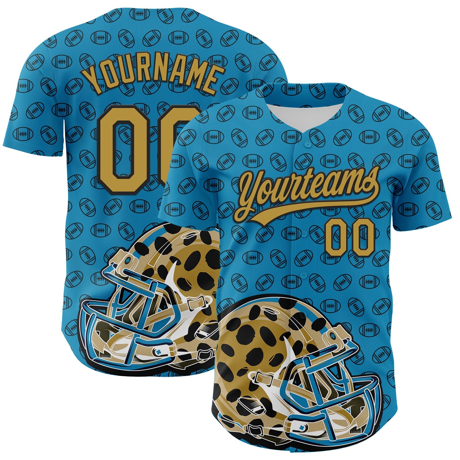 Custom Panther Blue Old Gold-Black 3D Pattern Design Football Jaguar Helmet And Ball Authentic Baseball Jersey - Sky-Custom