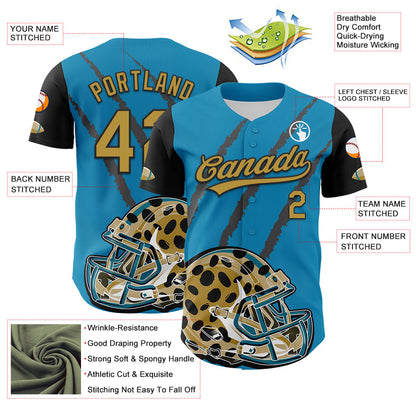 Custom Panther Blue Old Gold-Black 3D Pattern Design Football Jaguar Helmet And Animal Claw Authentic Baseball Jersey - Sky-Custom