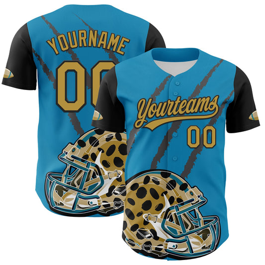 Custom Panther Blue Old Gold-Black 3D Pattern Design Football Jaguar Helmet And Animal Claw Authentic Baseball Jersey - Sky-Custom