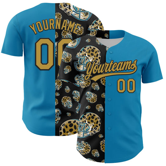 Custom Panther Blue Old Gold-Black 3D Pattern Design Football Jaguar Helmet Authentic Baseball Jersey - Sky-Custom