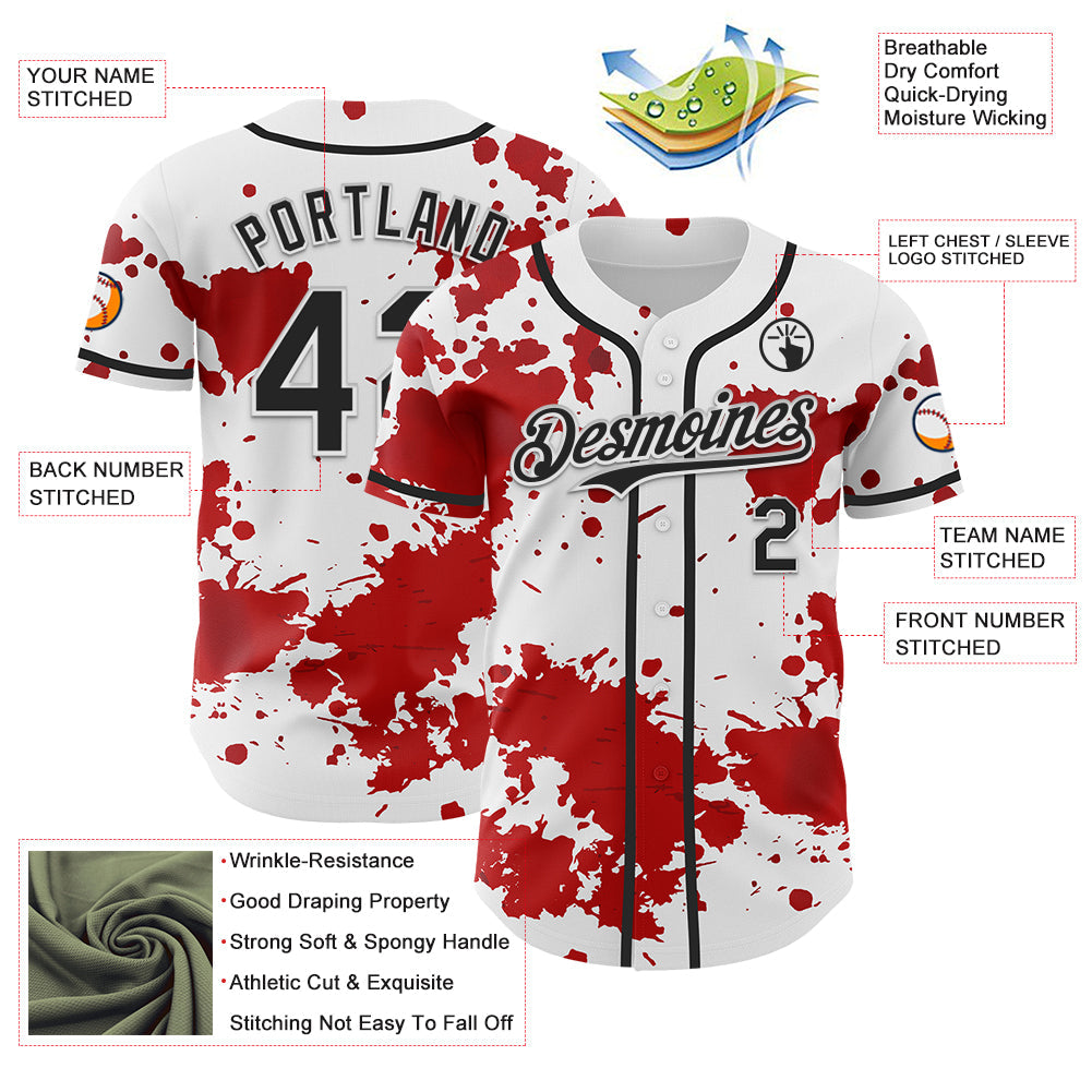 Custom White Black-Red 3D Pattern Design Rave Splash Authentic Baseball Jersey - Sky-Custom