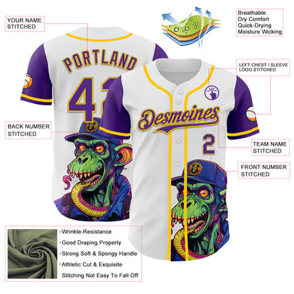 Custom White Purple-Yellow 3D Pattern Design Rave Monster Authentic Baseball Jersey - Sky-Custom