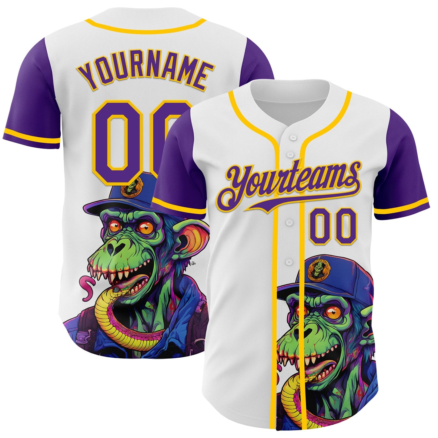 Custom White Purple-Yellow 3D Pattern Design Rave Monster Authentic Baseball Jersey - Sky-Custom