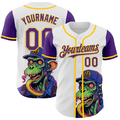 Custom White Purple-Yellow 3D Pattern Design Rave Monster Authentic Baseball Jersey - Sky-Custom