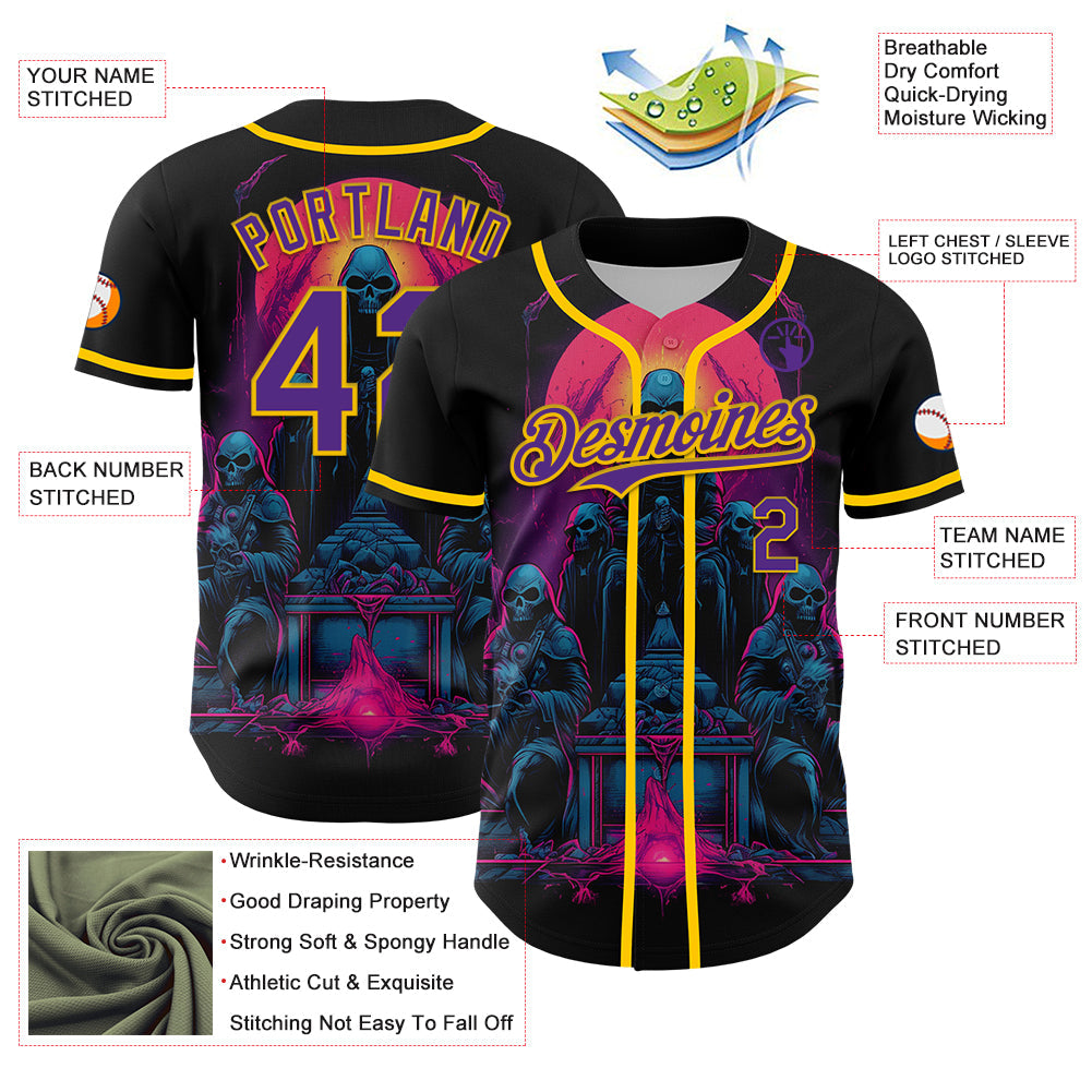 Custom Black Purple-Yellow 3D Pattern Design Rave Skull Authentic Baseball Jersey - Sky-Custom