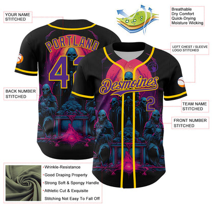 Custom Black Purple-Yellow 3D Pattern Design Rave Skull Authentic Baseball Jersey - Sky-Custom