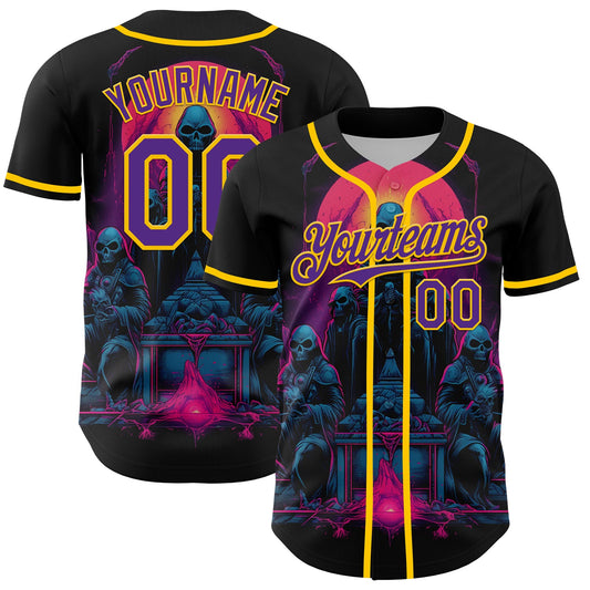 Custom Black Purple-Yellow 3D Pattern Design Rave Skull Authentic Baseball Jersey - Sky-Custom
