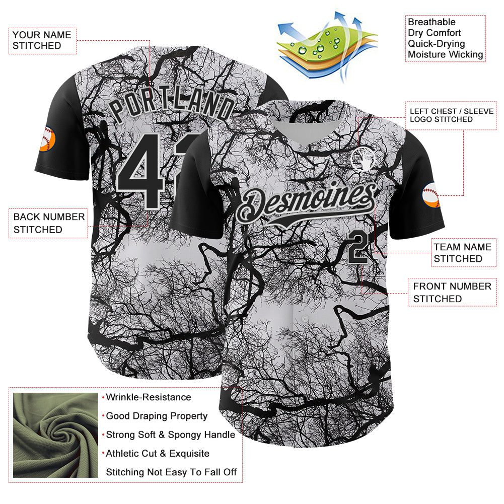 Custom White Black 3D Pattern Design Rave Branch Authentic Baseball Jersey - Sky-Custom