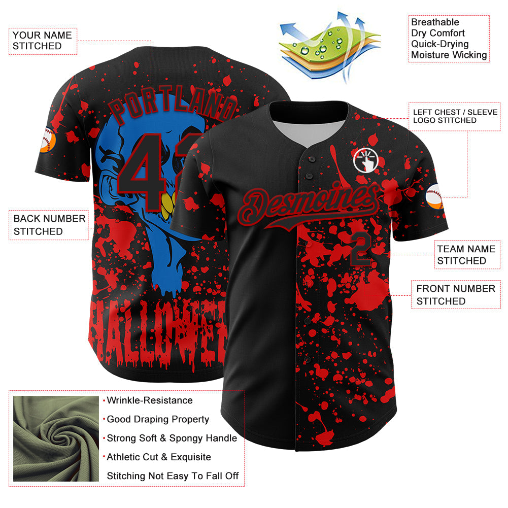 Custom Black Red 3D Pattern Design Rave Halloween Skull Authentic Baseball Jersey - Sky-Custom