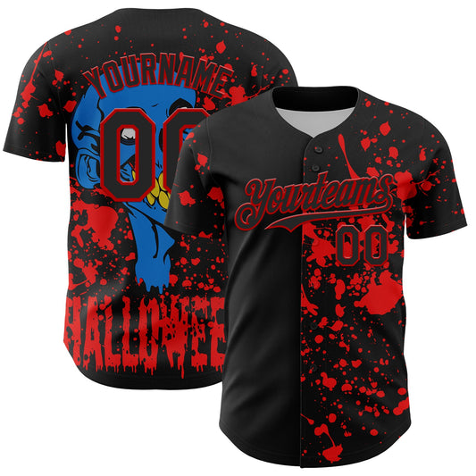 Custom Black Red 3D Pattern Design Rave Halloween Skull Authentic Baseball Jersey - Sky-Custom
