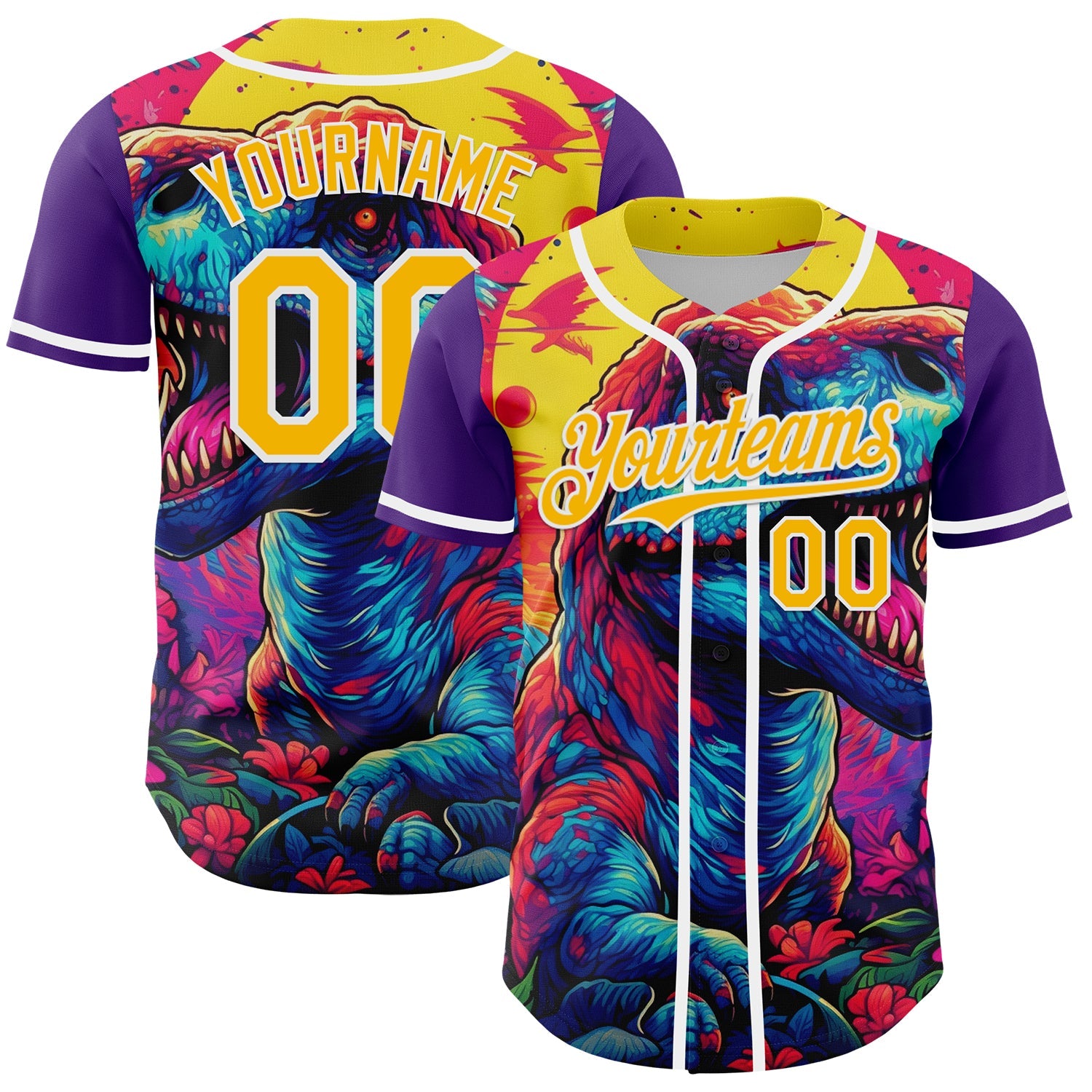 Custom Purple Gold-White 3D Pattern Design Rave T Rex Authentic Baseball Jersey - Sky-Custom
